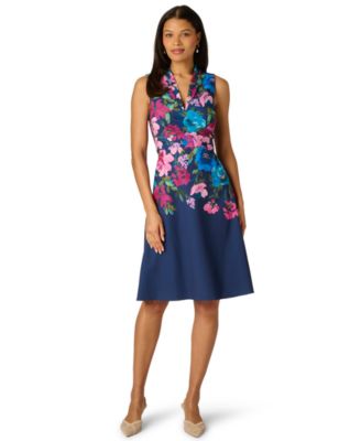 Women's Border Floral Collar Midi Dress