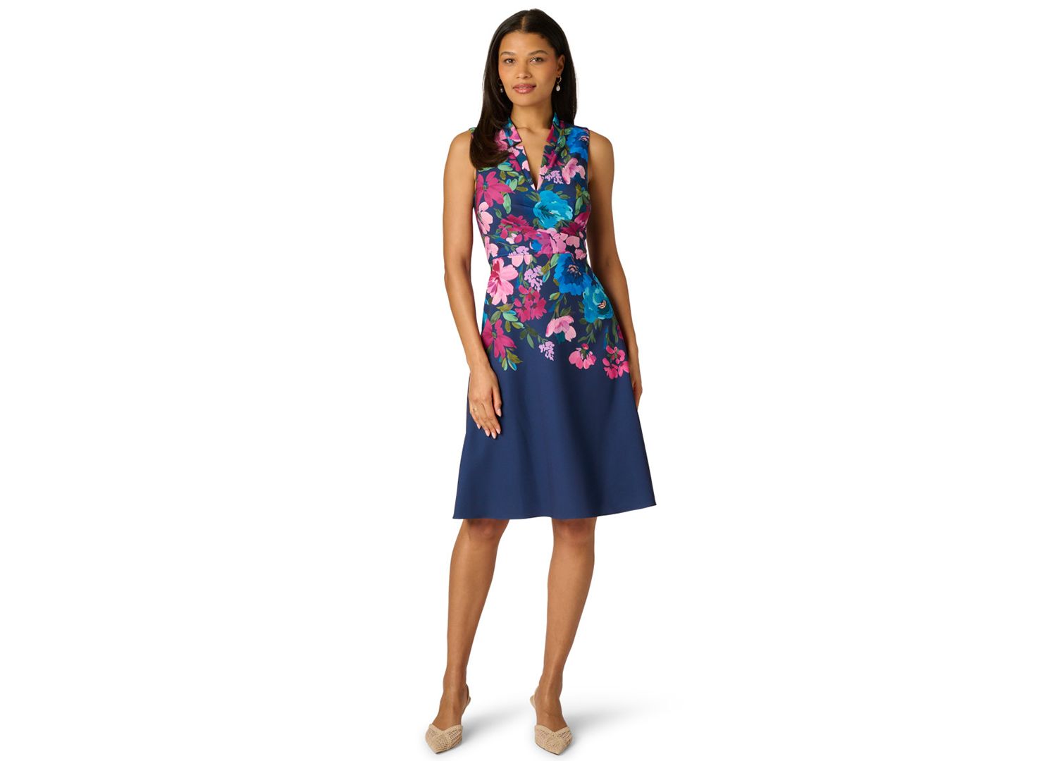 Women's Border Floral Collar Midi Dress