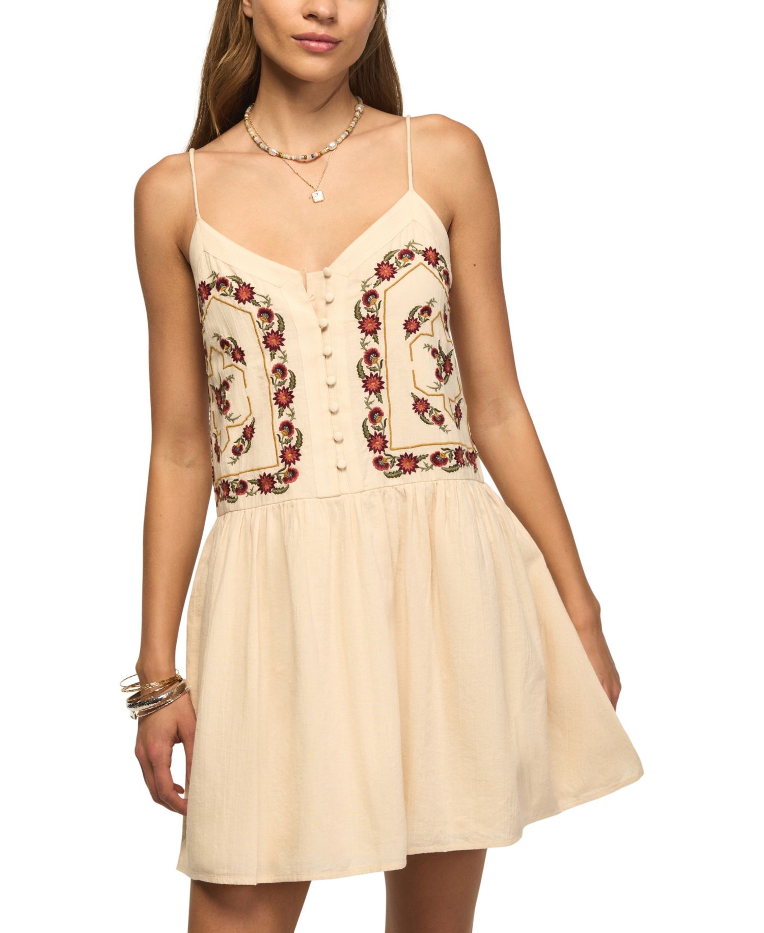 Women's Contrast Embroidered Button-Front Mini Dress