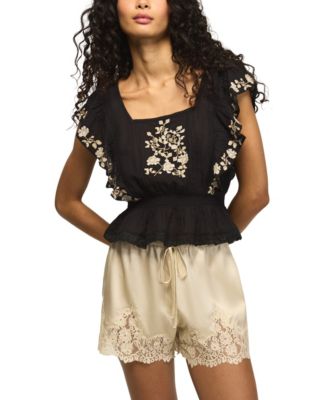 Women's Contrast Embroidered Square Neck Ruffle Top