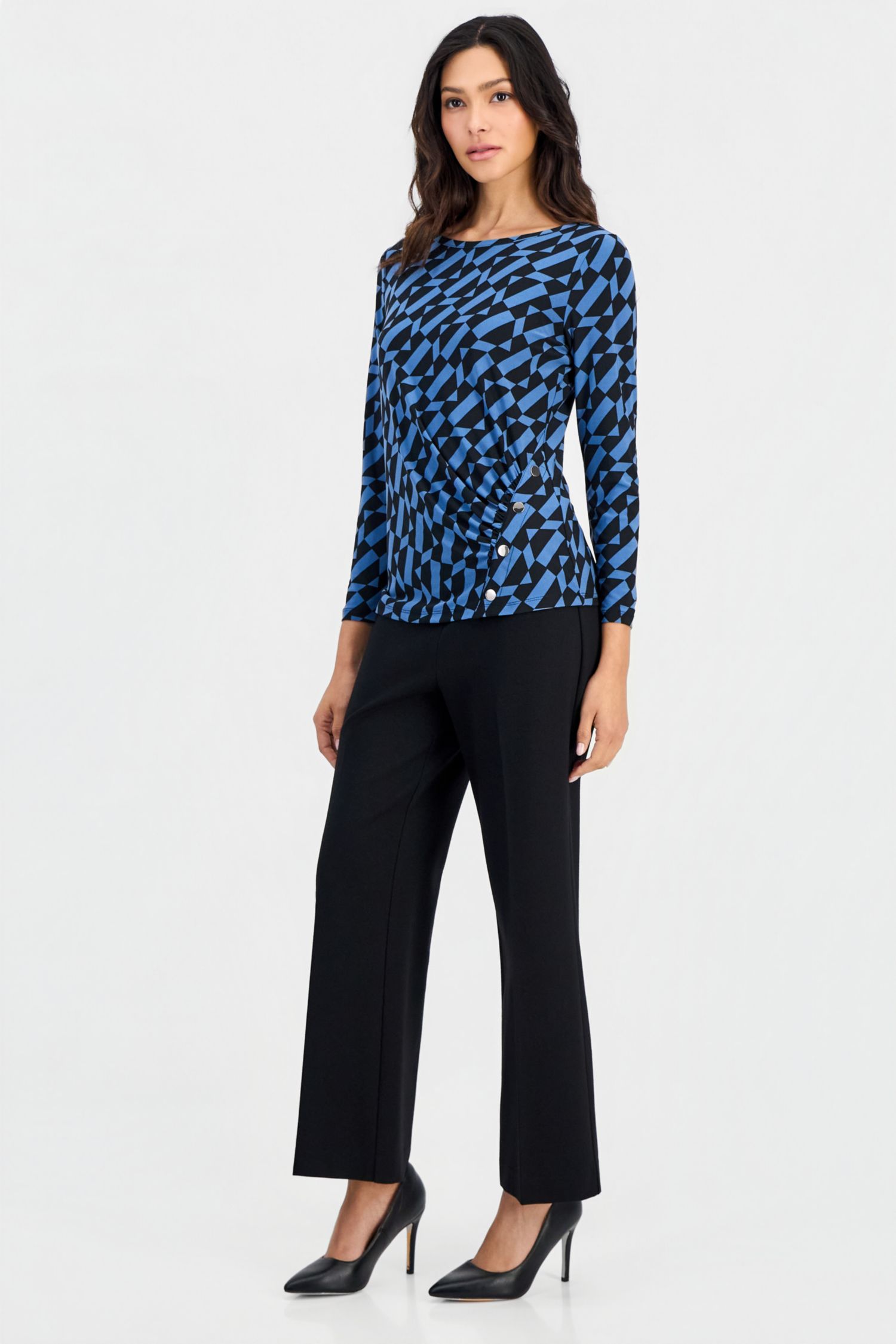 Petite Geo Printed Front Ruche Boat Neck Work Blouse