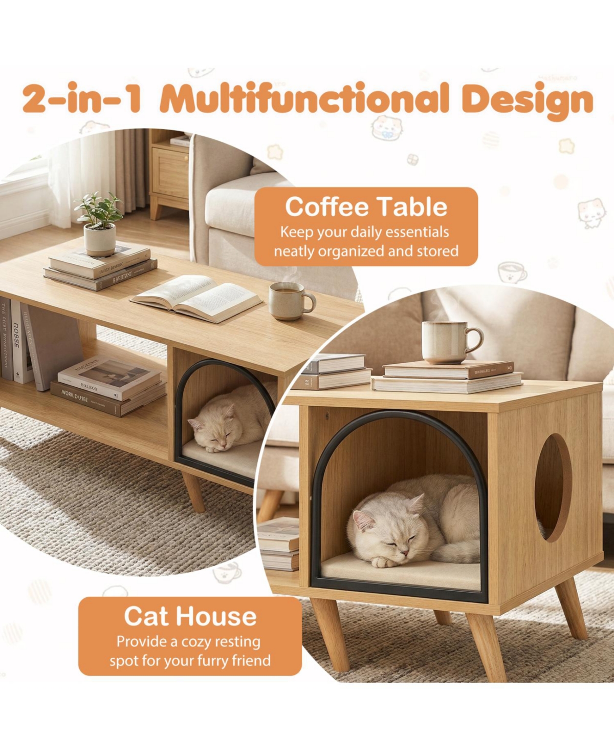 Cozito 40 inch Coffee Table Cat House 2-in-1 with Open Storage Shelf, Coffee