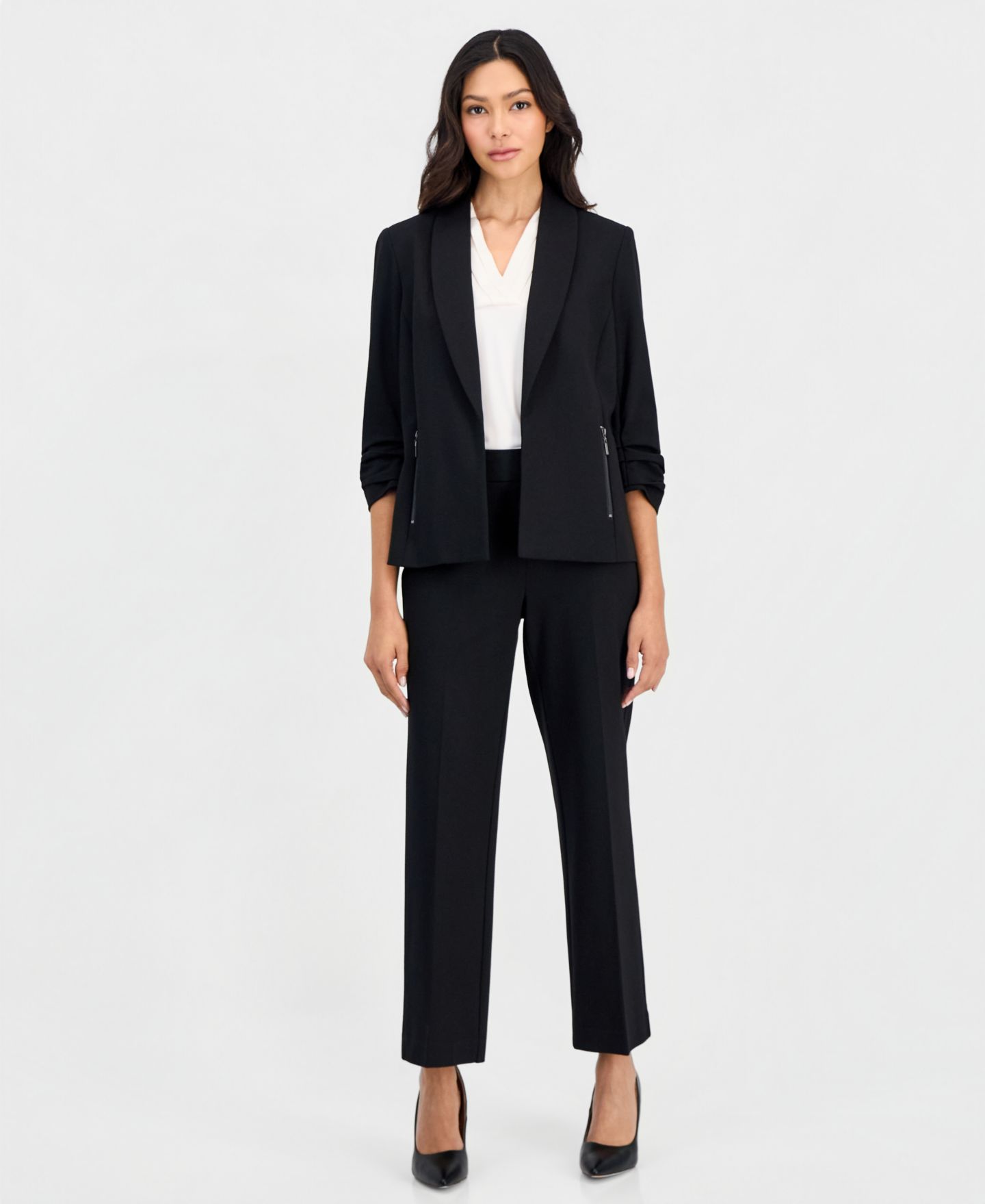 Женская куртка Anne Klein Essentials Petite 3/4-Sleeve Open-Front Zip-Pocket, цвет: Чёрный — фото 4