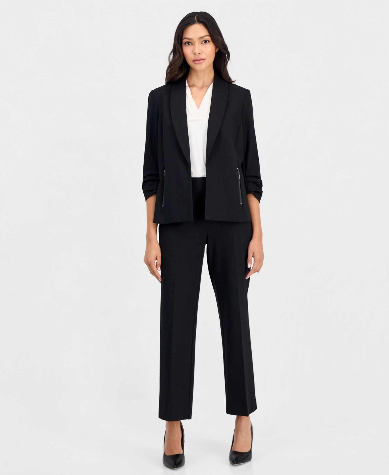 Petite 3/4-Sleeve Open-Front Zip-Pocket Jacket