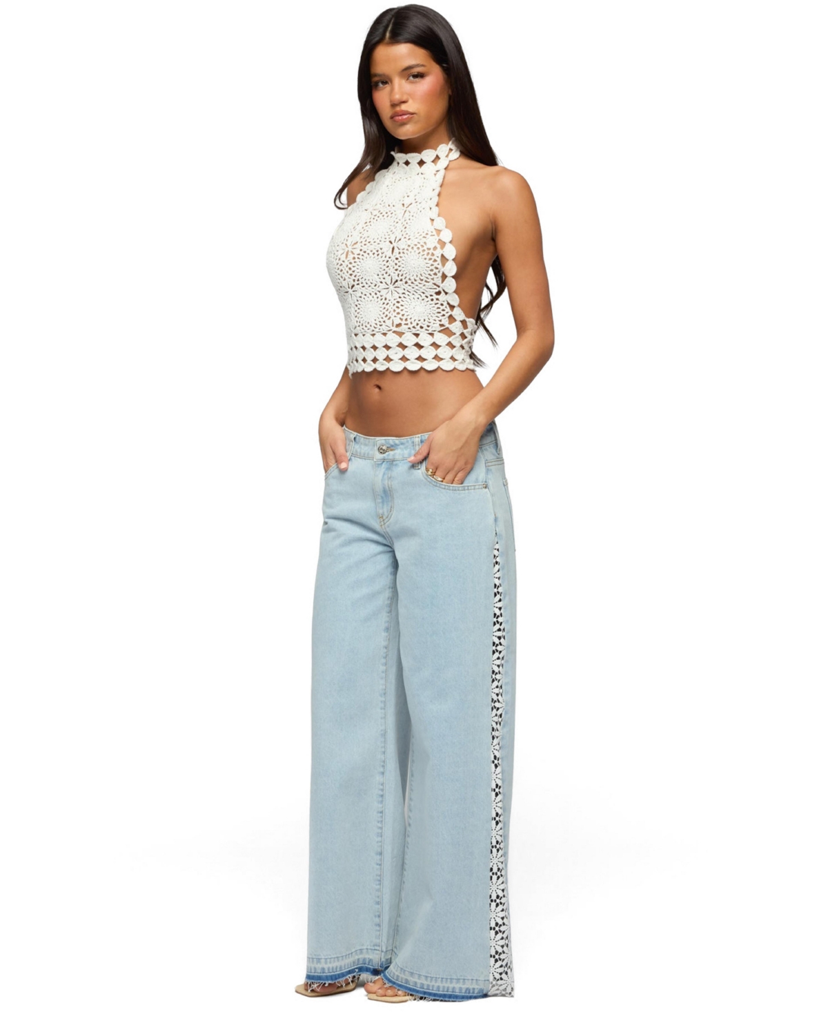 Edikted Women's Crochet Panel Low Rise Wide Leg Jeans