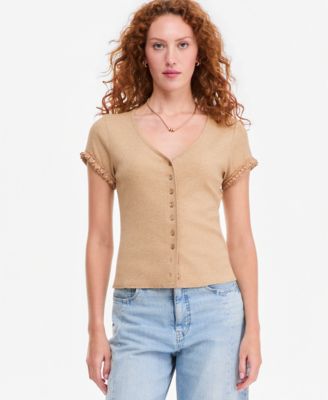 Women's Ruffle-Trim Button-Front Short-Sleeve Ribbed Top