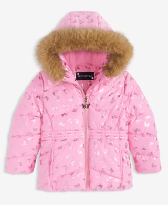 Girls' 2T-6X Foil Quilted Puffer Jacket With Faux-Fur-Trim Hood