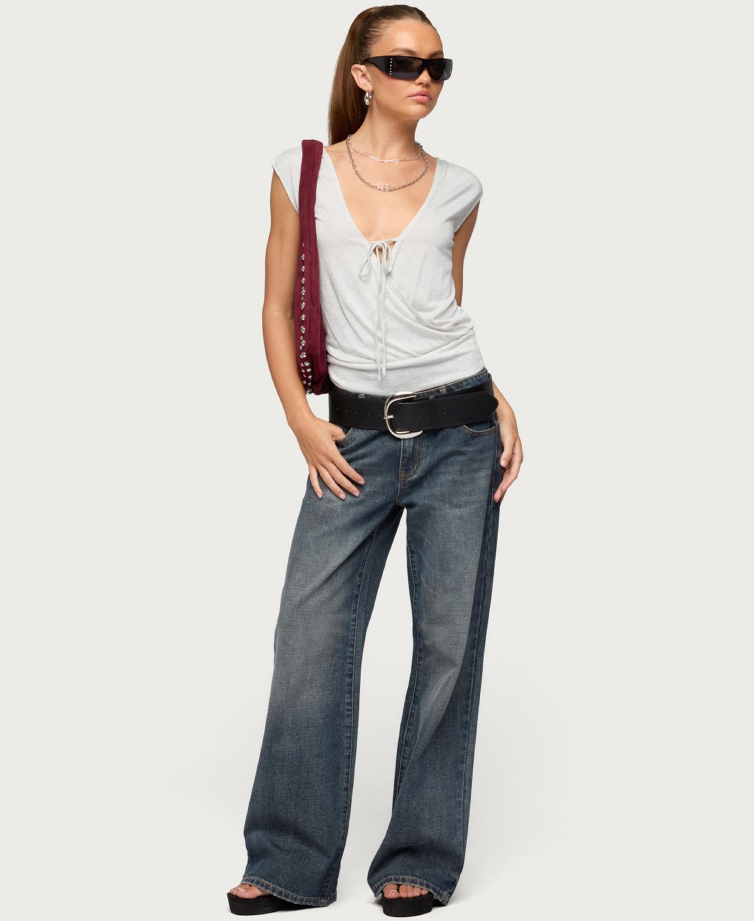 Women's Tie Front V Neck Wrap Top