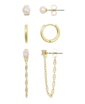 Gold Natural Freshwater Pearl Stud, Huggie and Drop Chain Earrings 3-Piece Set