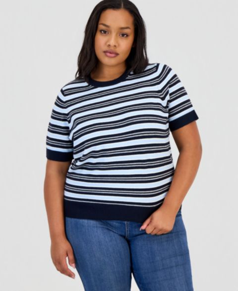Женский свитер On 34th Trendy Plus Size Mallory Striped Sweater-Knit T-Shirt, цвет: Тёмно-синий