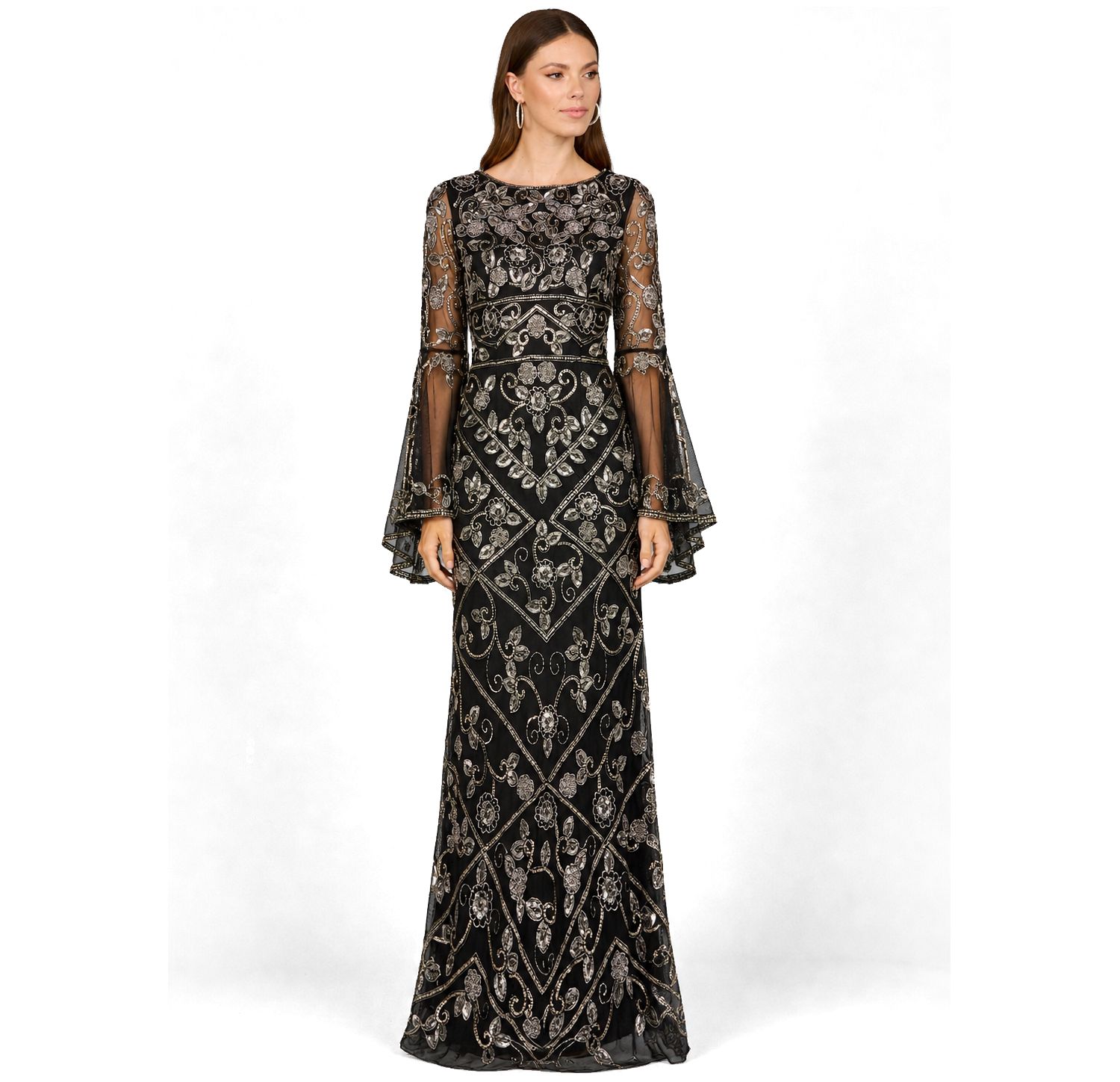 Women's Bell Sleeved High Neck Beaded Gown