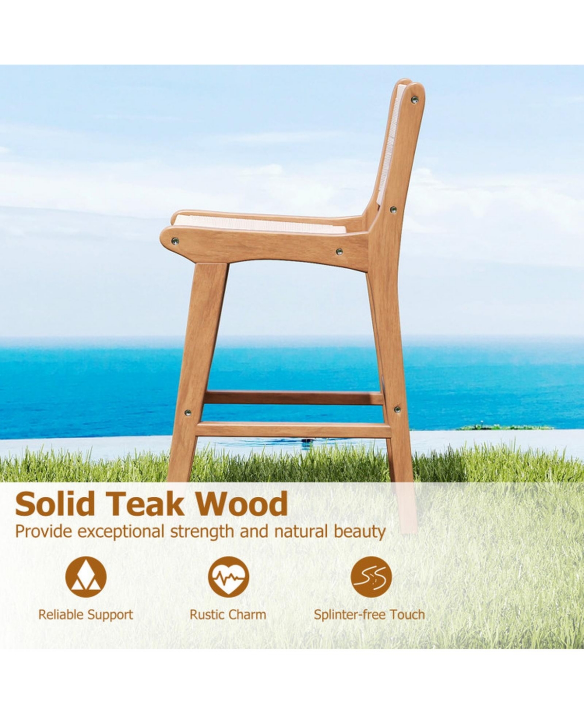 Gouun Set of 4 Counter Height Bar Stools with Hand-Woven Paper Rope Seat and Teak Wood Frame