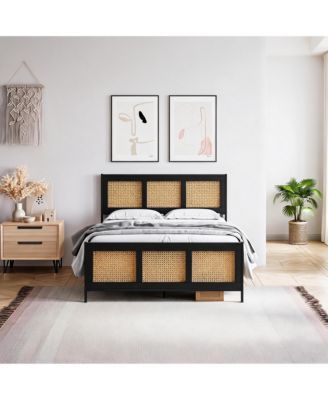 Bed Frame with Rattan Headboard and Footboard, Rattan Platform Bed Frame, Mattress Foundation, Noise-Free, No Box Spring Needed