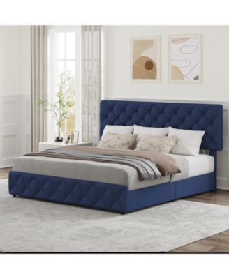 Upholstered Platform Bed Frame with 4 Storage Drawers Adjustable Headboard, PU Leather Platform Storage Bed Frame with Button Tufted