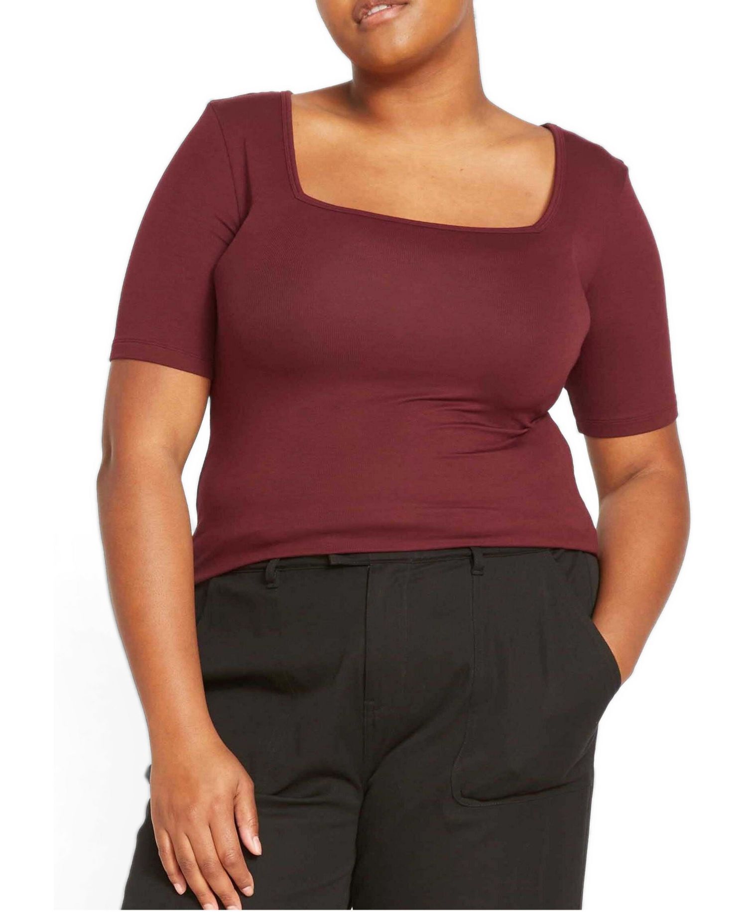 Women's Plus Size Cloud Rib Short Sleeve Square Neck Tee