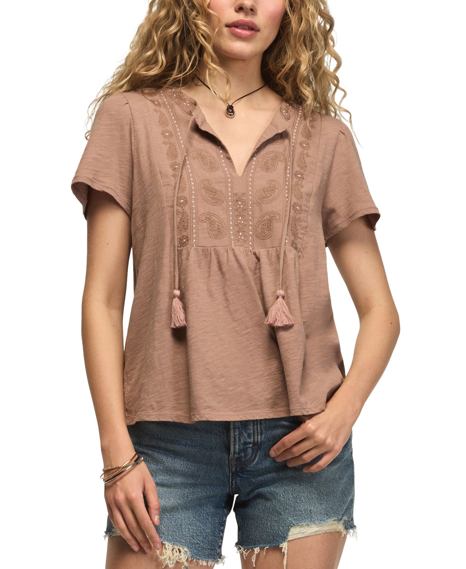 Women's V-Neck Embroidered Peasant T-Shirt
