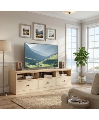 Mid-Century Modern TV Stand with Storage Drawers, Open Shelves and Cable Management - Durable Wood Entertainment Center and Media Console