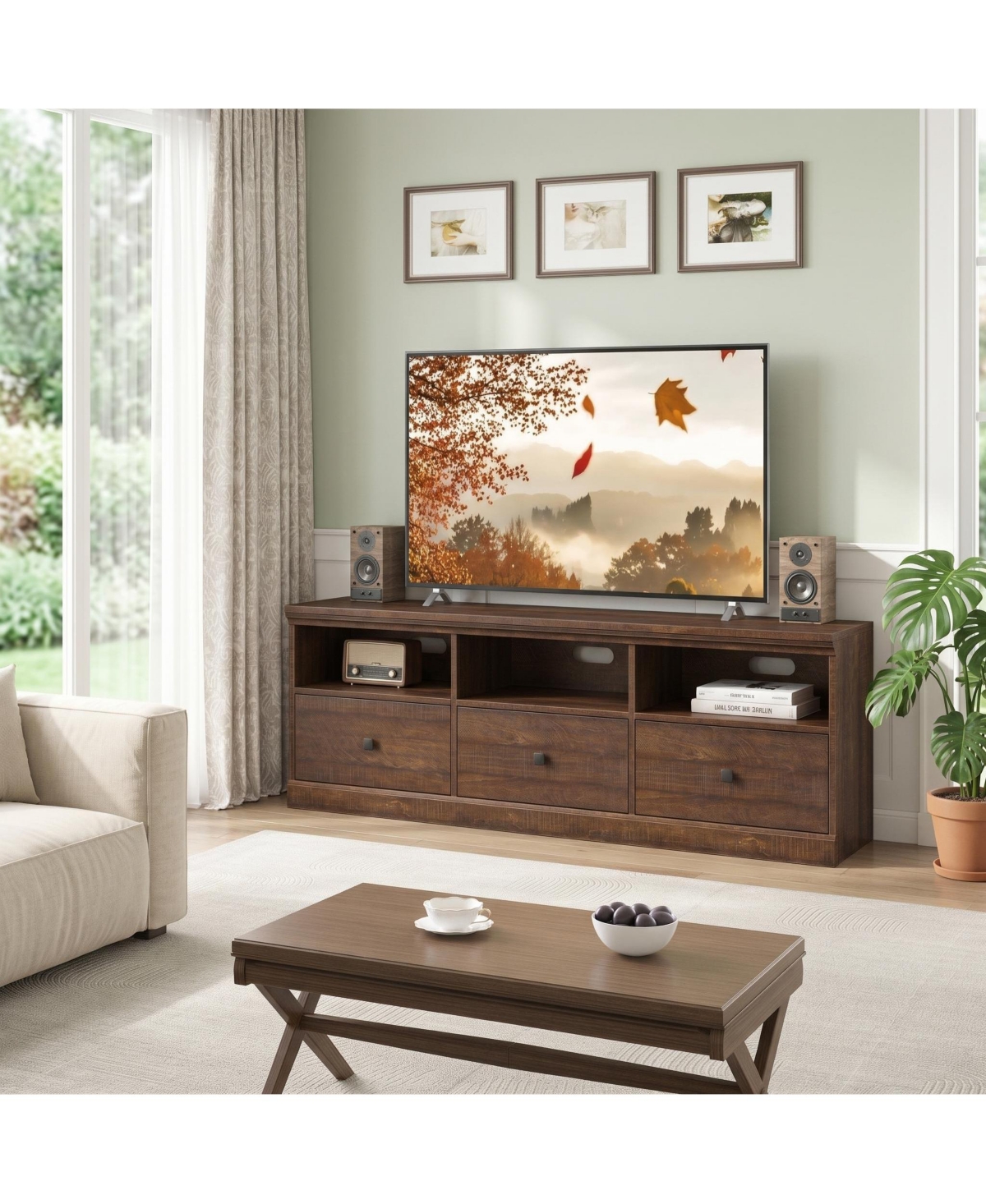 homfan Mid-Century Modern Tv Stand with Storage Drawers, Open Shelves and Cable Management - Durable Wood Entertainment Center and Media Console - Bro