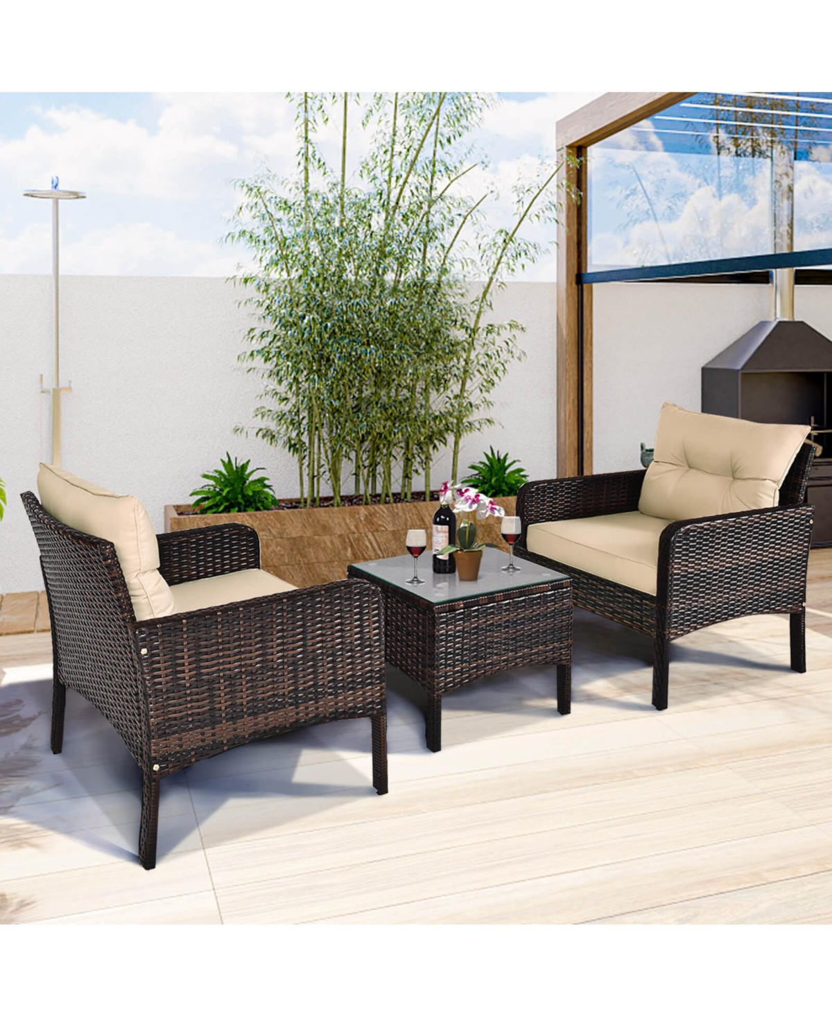 Costway 3 Pieces Patio Pe Wicker Furniture Set with Cushions and Tempered Glass Coffee Table