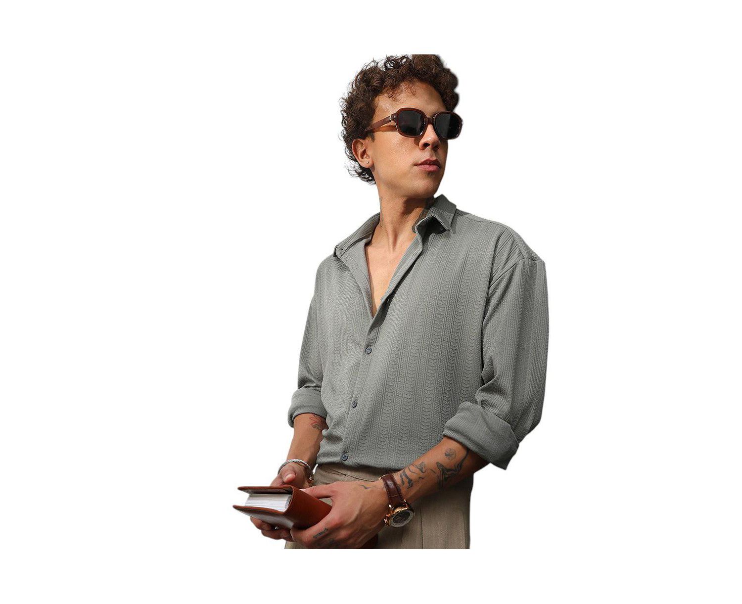 Men's Ash Grey Stripe-Textured Shirt