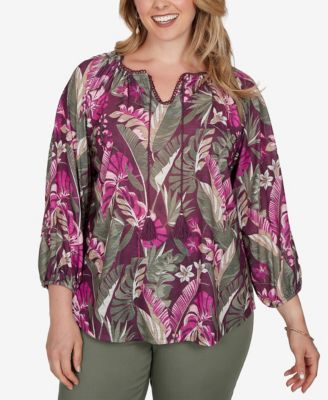 Plus Size Tropical Print Knit Tassel Top