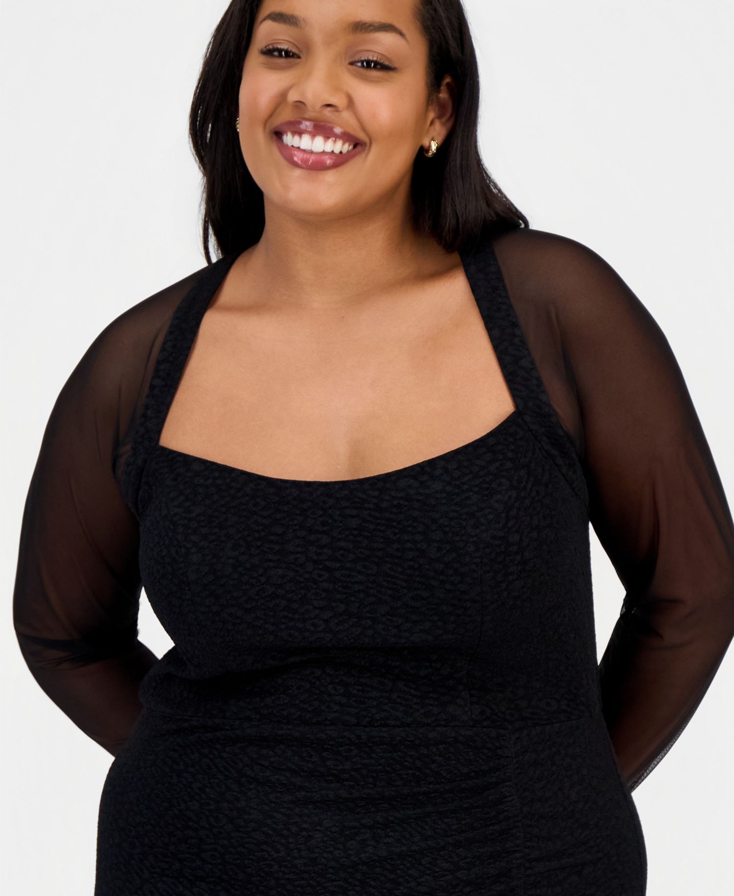 Trendy Plus Size Mesh-Sleeve High-Slit Gown