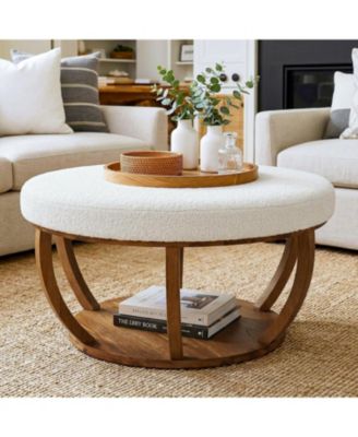 31.5" Round Storage Ottoman Coffee Table, 2-Tier Modern Circle Upholstered Coffee Table with Storage and Solid Wood Base