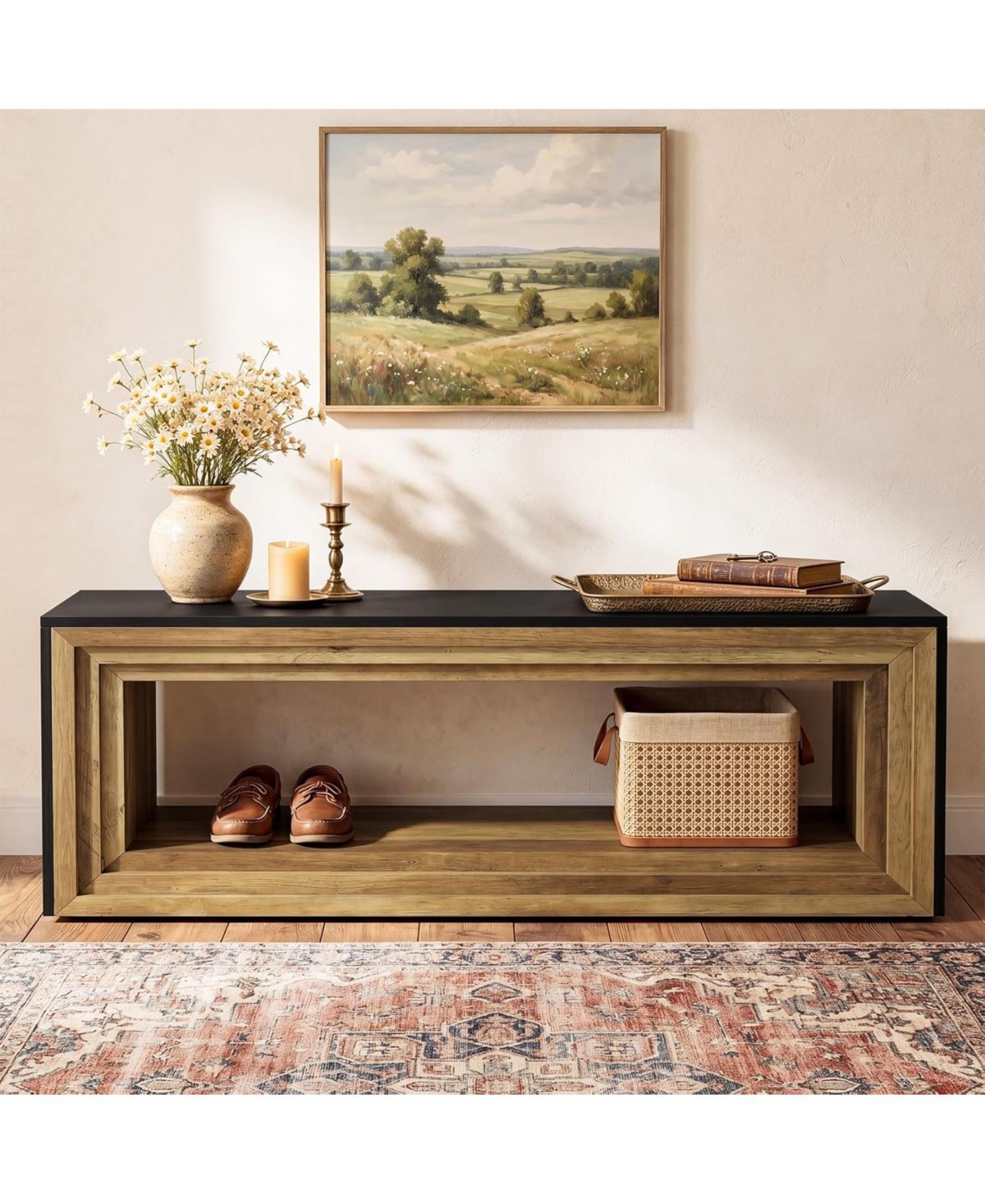Tribesigns 63" Long Entryway Bench with Shoe Storage, 2-Tier Farmhouse Shoe Bench Wooden Indoor Seating with Layered Design