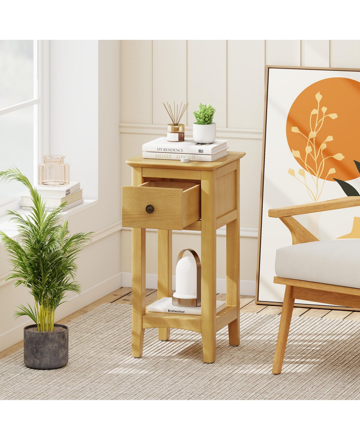 Gymax 2-Piece Nightstand 3-Tier Bedside Table with Open Storage Shelf and Narrow Side Table
