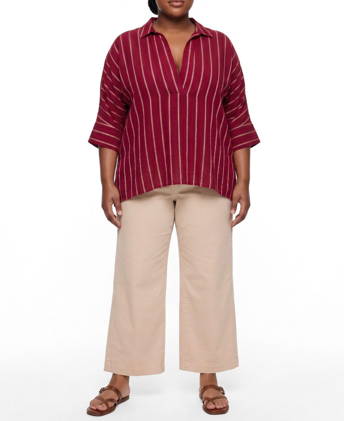Женский топ Torrid Plus Size Belle Isle Cotton Linen Popover Tunic, цвет: Полосатый бордовый — фото 2