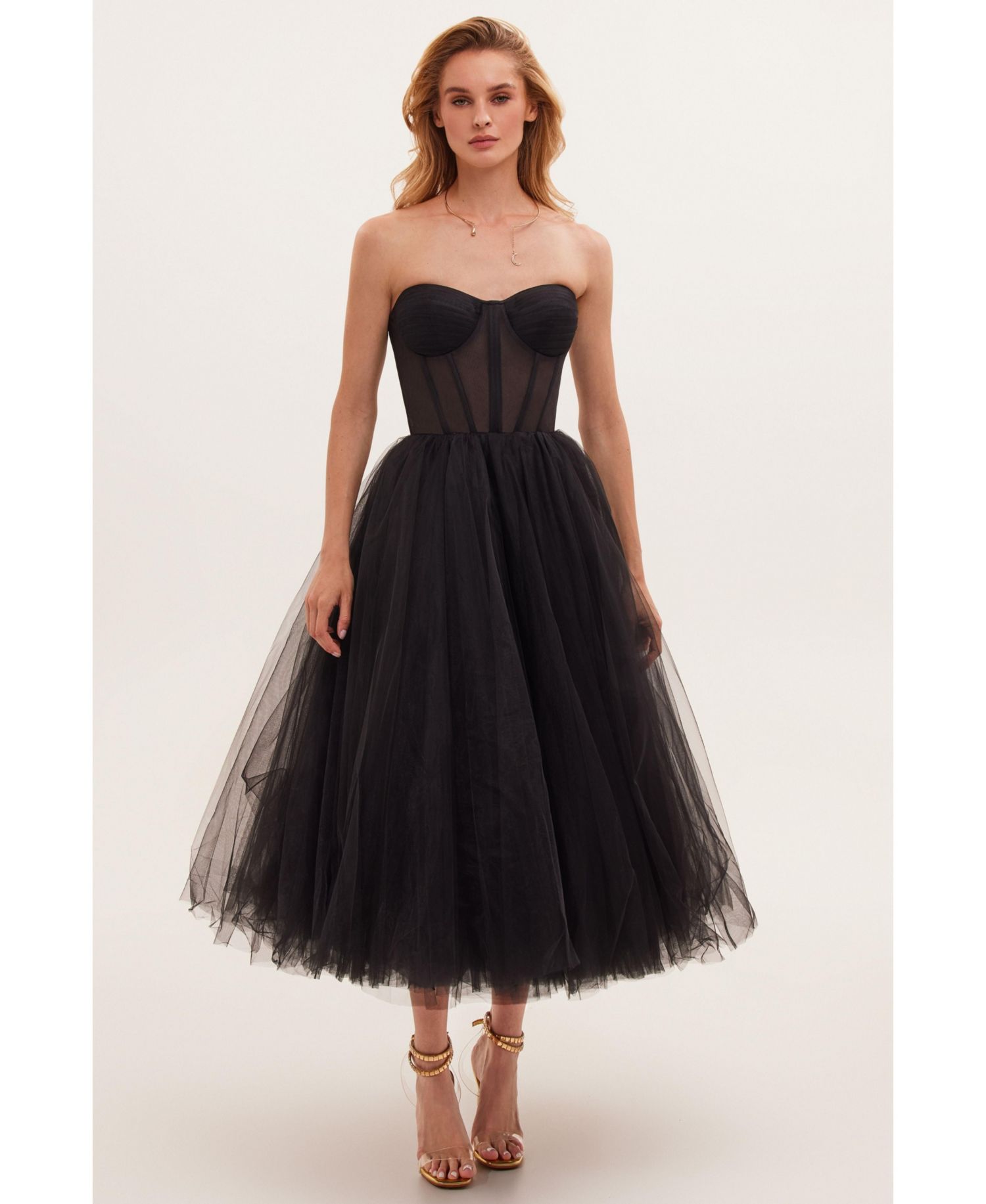 Women's Strapless Puffy Tulle Midi Formal Occasion Dress