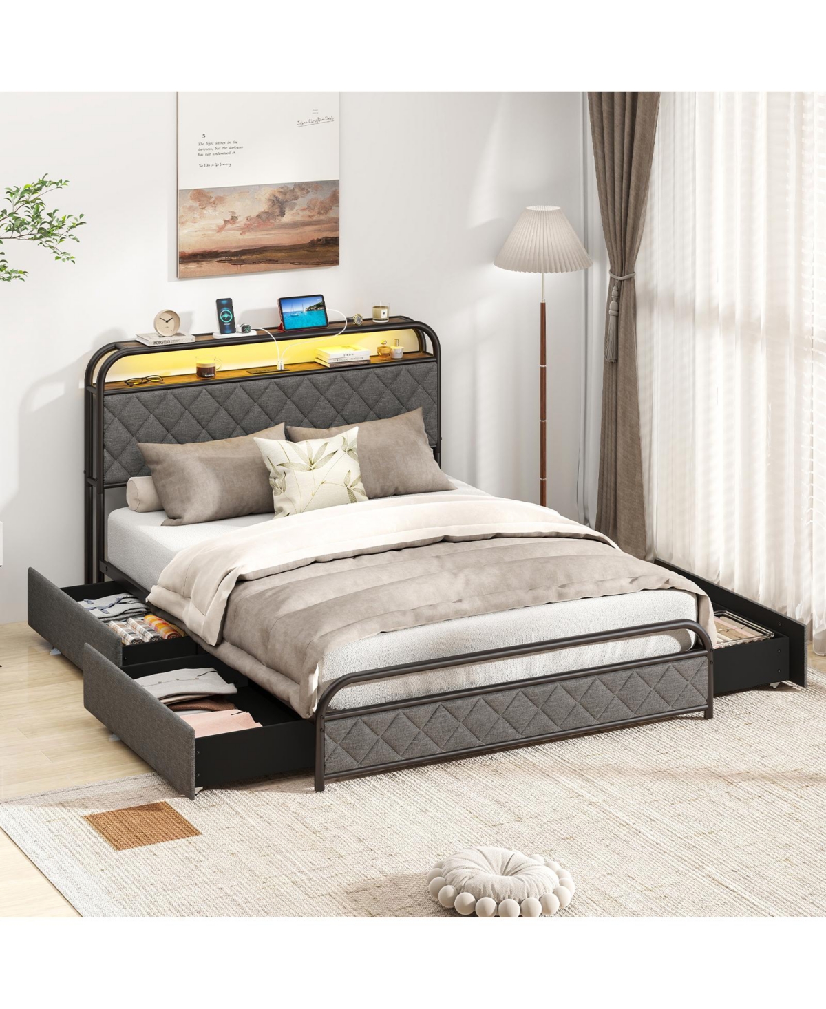 Slickblue Modern Platform Bed Frame with Led Lighting and Power Outlet