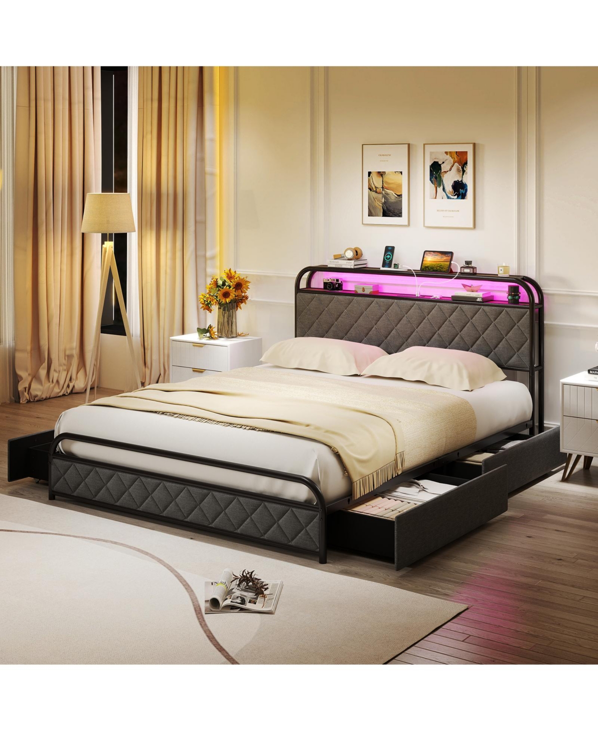 Slickblue Modern Platform Bed Frame with Led Lighting and Power Outlet