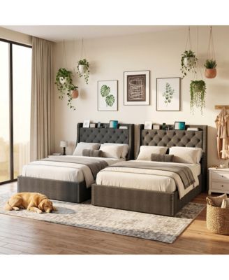 2 piece Upholstered Platform Bed Frame with Wingback Headboard, 4 Storage Drawers, Built-in USB, Sturdy Wood Slats, Space-Saving, Easy Assembly
