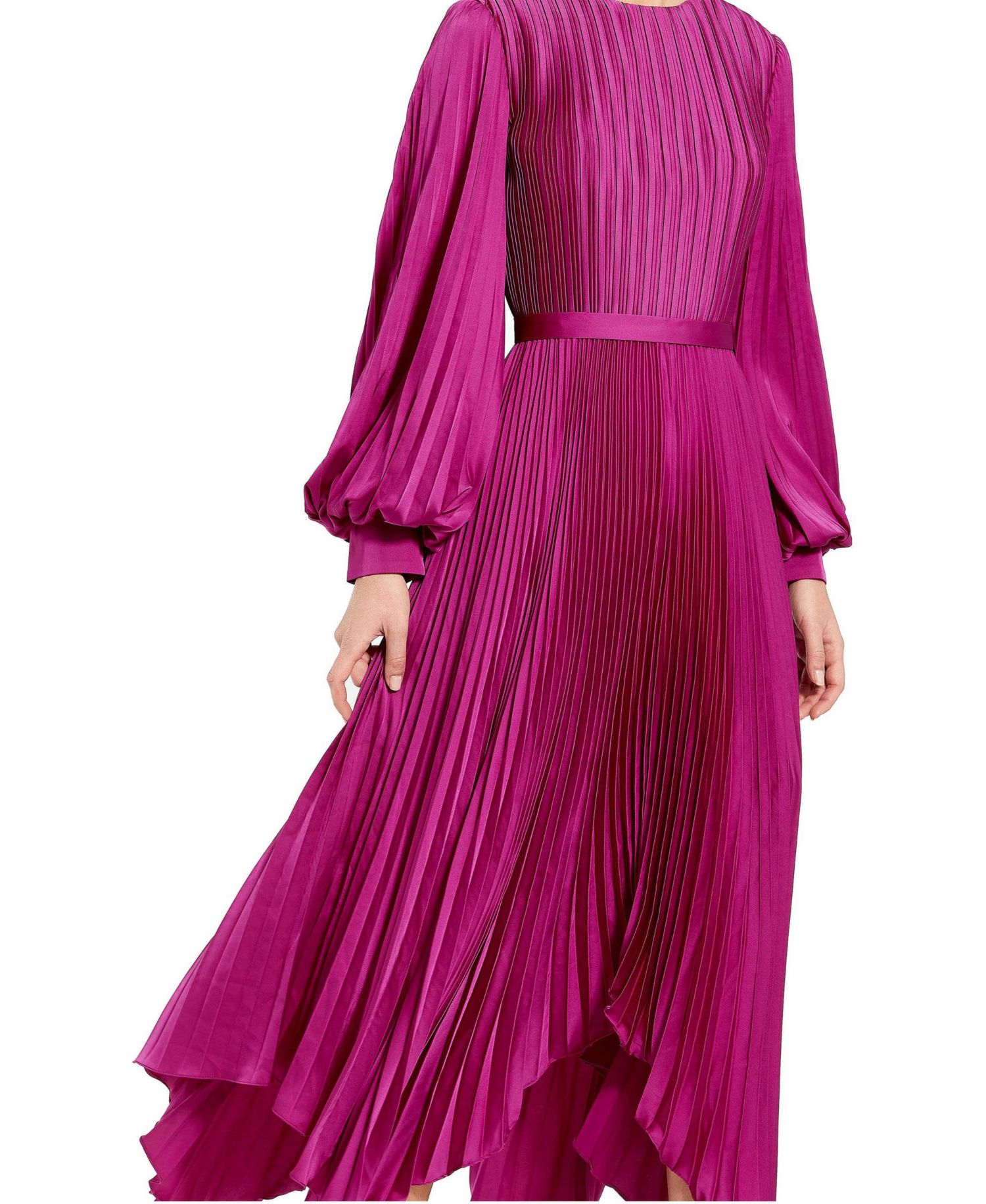 Petite Long Sleeve Pleated Charmeuse Handkerchief Midi Dress