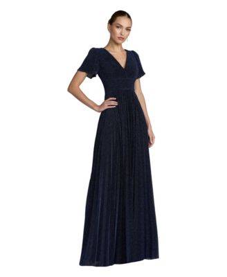 Women's Pleated Metallic Flutter Sleeve A Line Gown