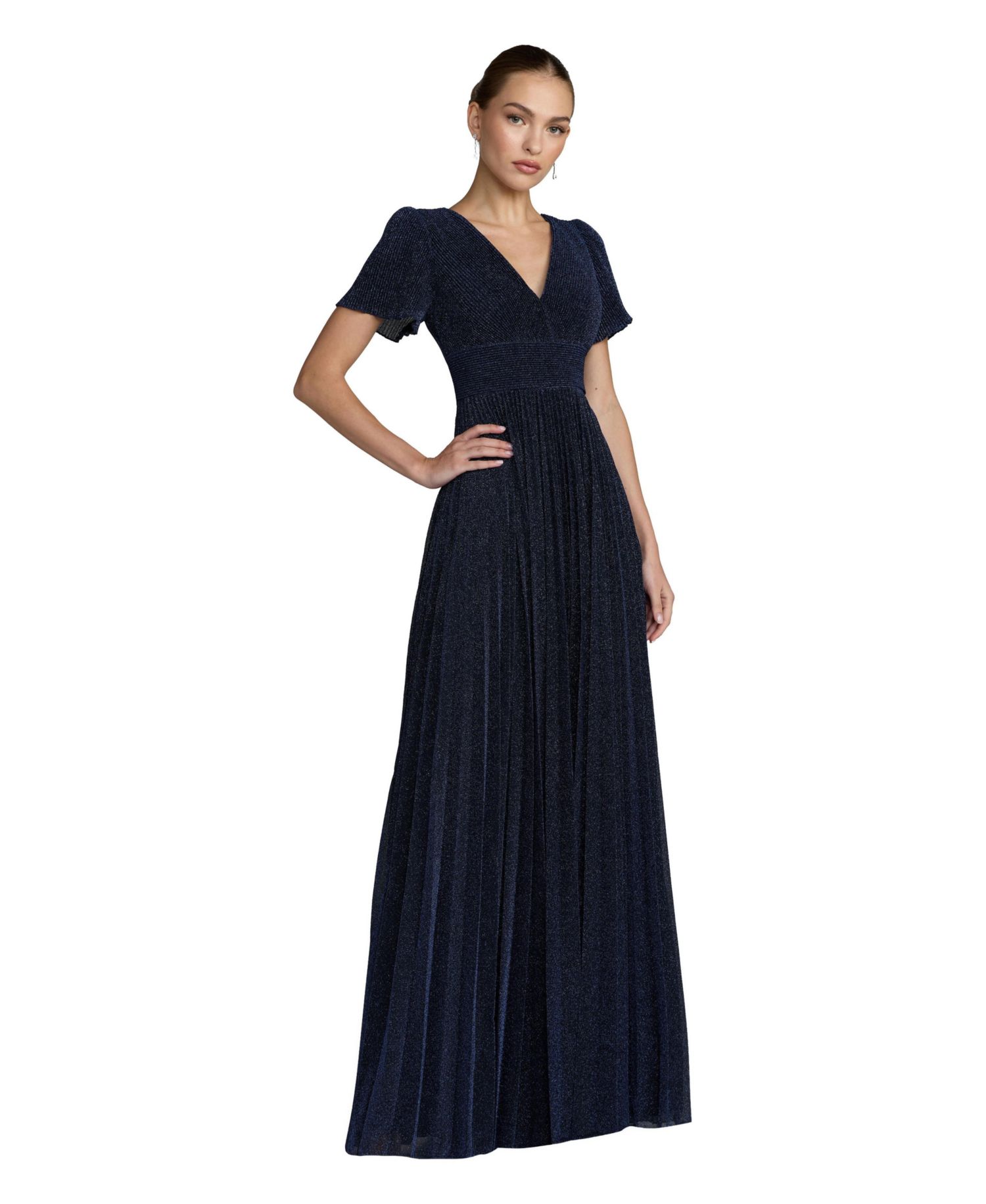 Women's Pleated Metallic Flutter Sleeve A Line Gown