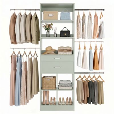 Wooden Closet Organizer with 2 Drawers and 5 Haning Rods