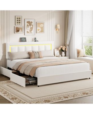 LED Bed Frame with 4 Drawers, PU Leather Platform Bed with Charging Station for Bedroom, Easy Assembly