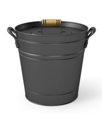 Gallon Metal Coal Ash Can with Wooden Lid and Side Grip Handles