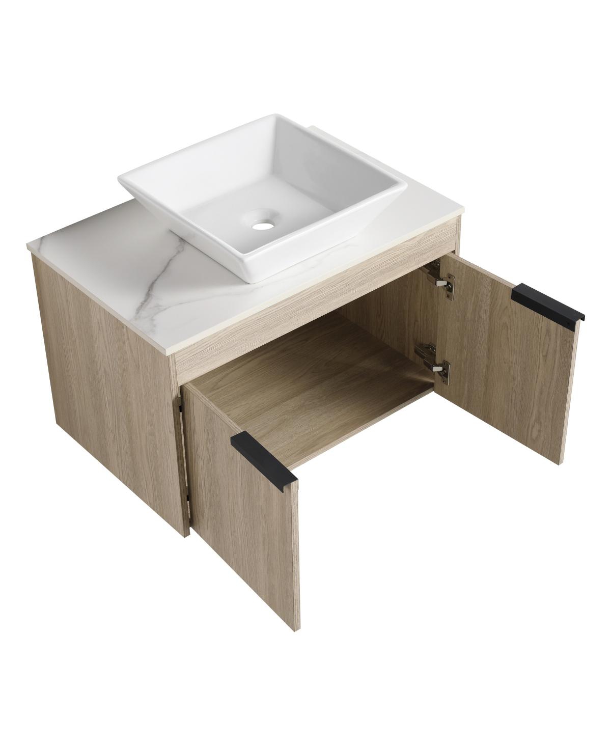 Sillysis Wall Mounted Bathroom Vanity with Ceramic Vessel Sink, Side Storage Shelf, Soft Close Doors