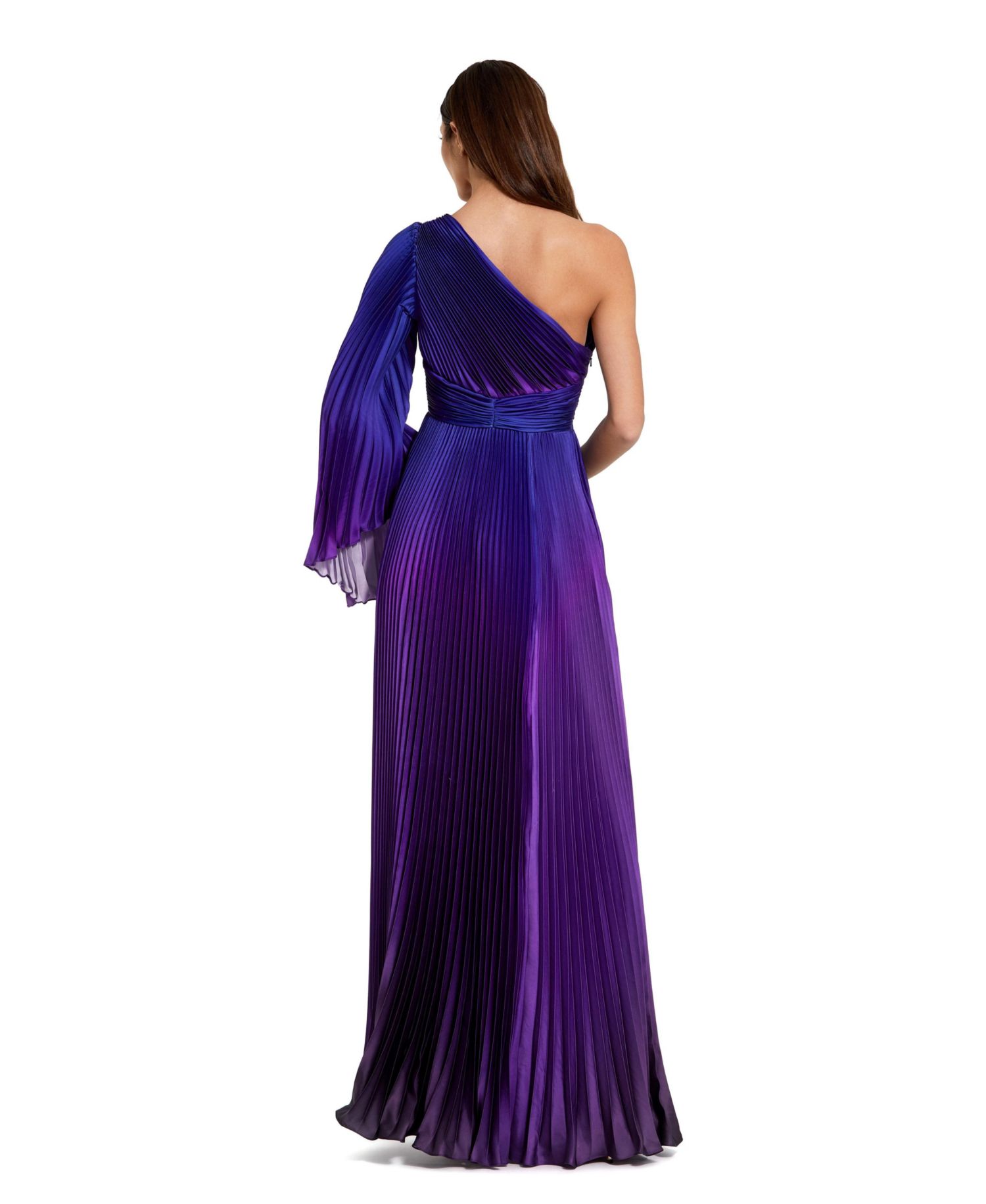 Women's Pleated Charmeuse One Long Flare Sleeve Gown