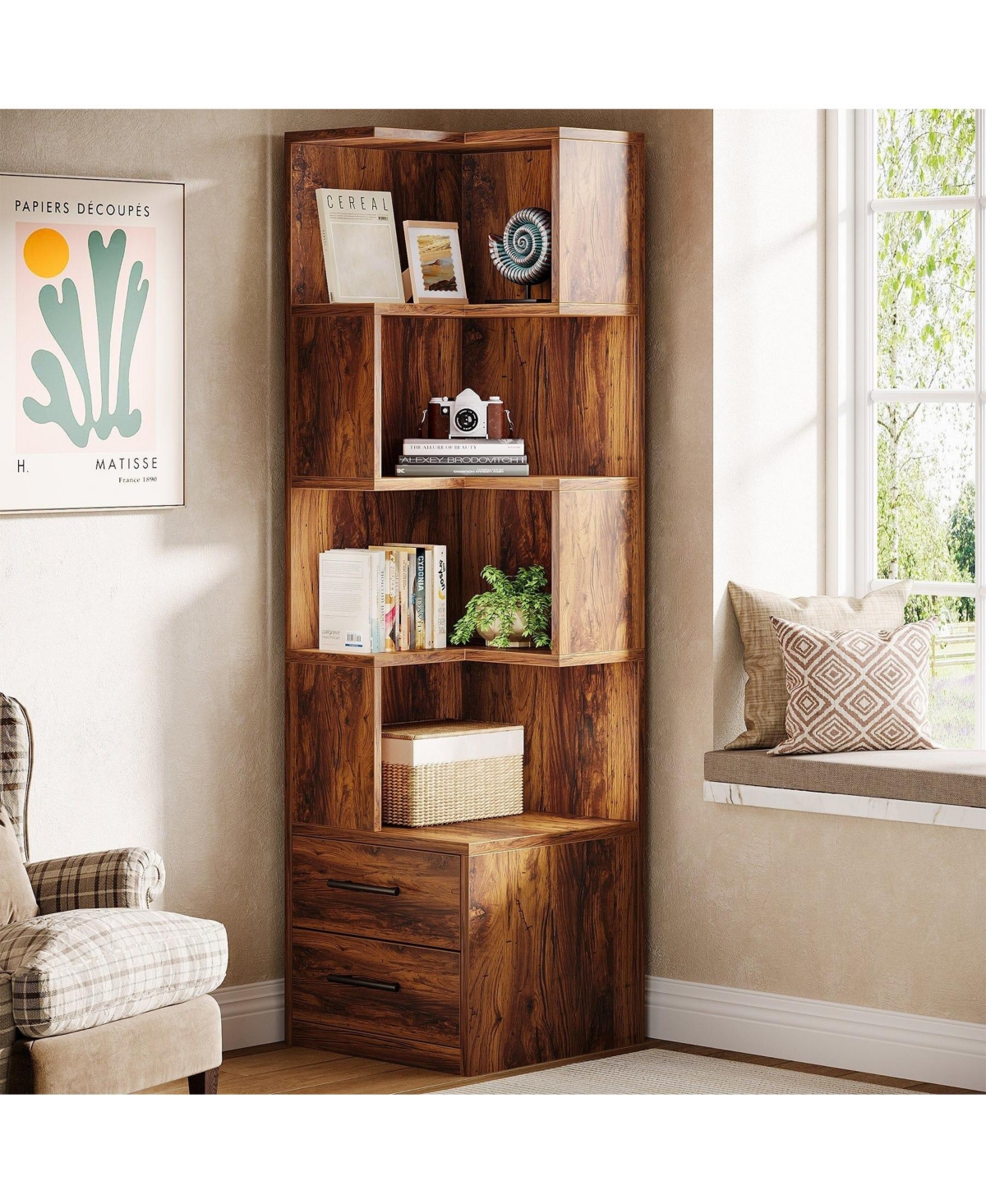 Slickblue Corner Bookcase with 5 Tier Storage Shelves and 2 Drawers
