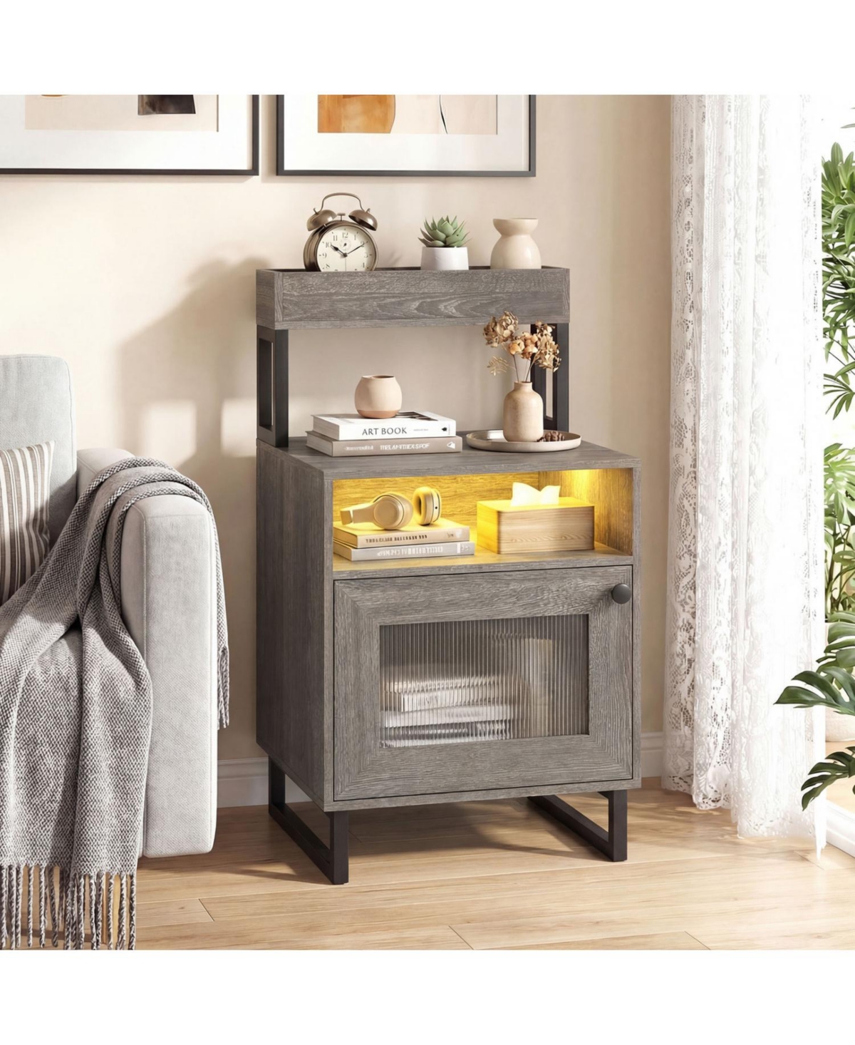 Slickblue Nightstand with Led Lighting, Top Tray, Open Compartment & Cabinet Storage