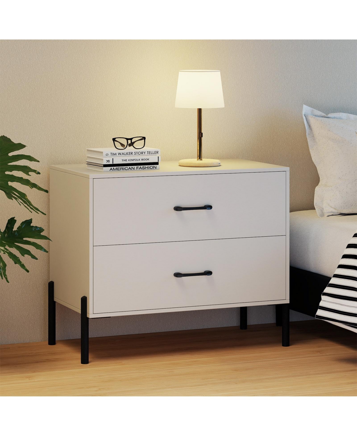 Slickblue Modern Wooden Nightstand with 2 Drawers and Metal Legs