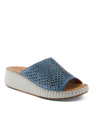 Women's Rhydian Slip-On Leather Wedge Sandals – Perforated Flower Design, Cushioned Footbed