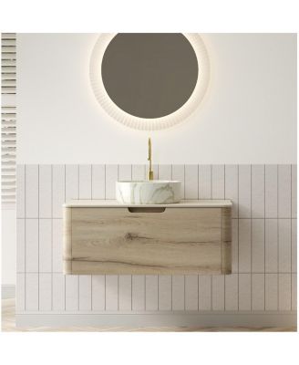 Wall Mounted Bathroom Vanity with Ceramic Round Basin, Sintered Stone Top, Soft Close Drawer, Available in 24 30 36 Inch, Pre-assembled