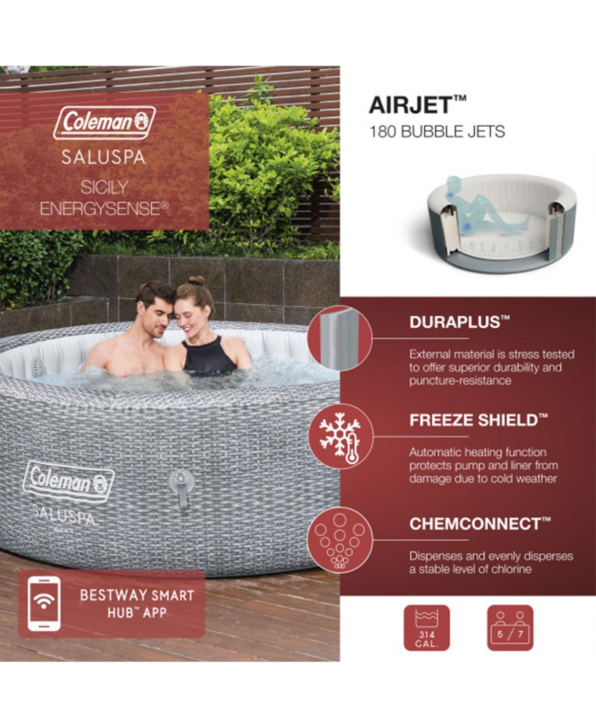 Bestway Coleman Sicily AirJet Inflatable Hot Tub with 4 SaluSpa Non-Slip Seat