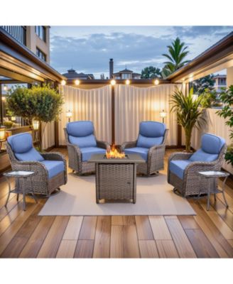 Patio Rocking Swivel Chair with Fire Pit Table Outdoor Wicker Rattan Bistro Set with Tempered Glass Side Table