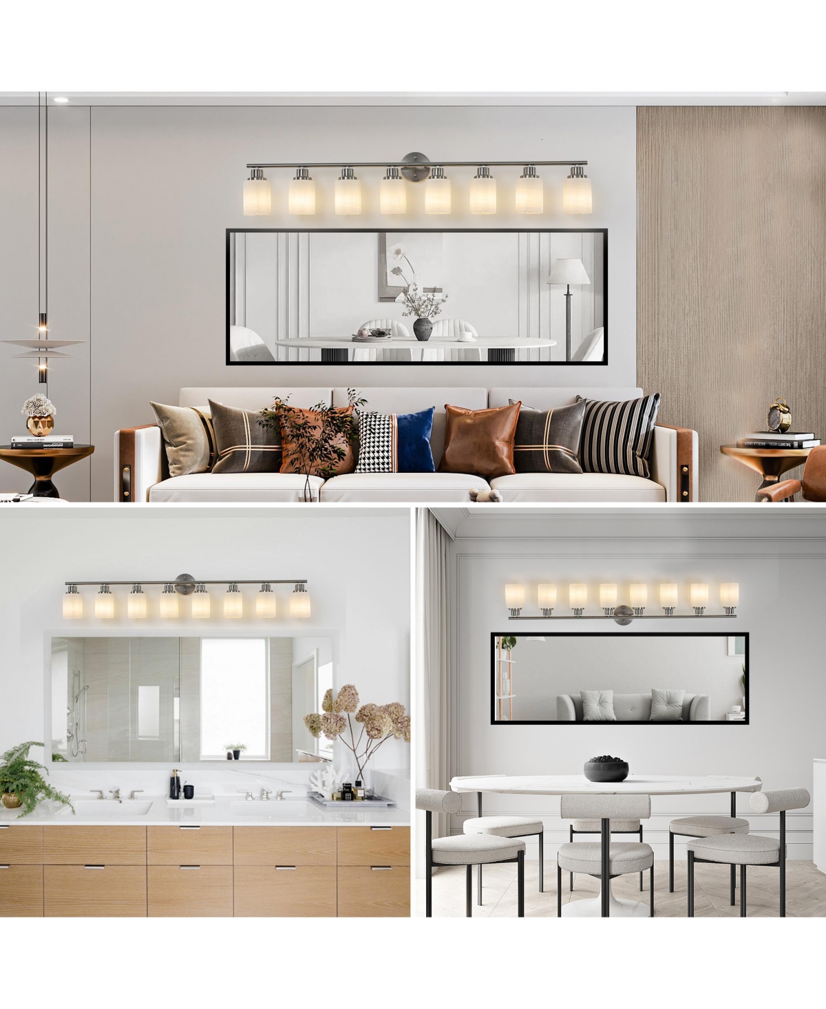 Midola 52" Modern 8-Light Vanity Wall Sconce, Brushed Nickel Finish with Frosted Glass Shades for Bathroom or Hallway Lighting